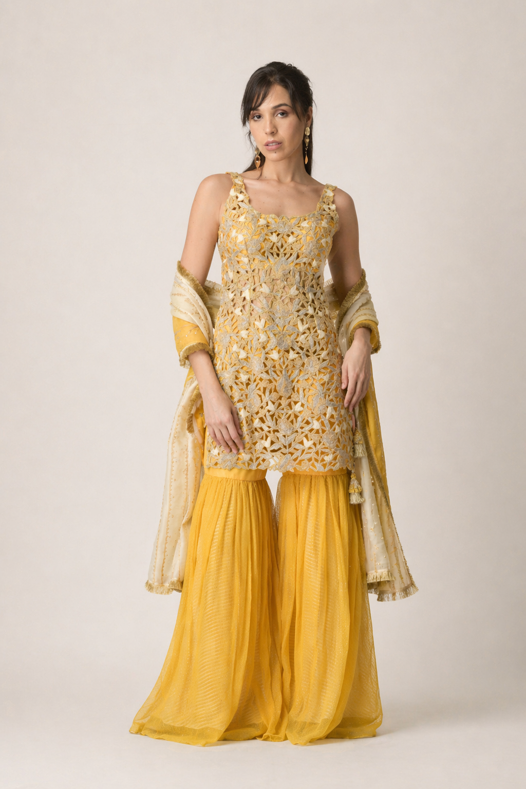 Mustard Gold Cutwork Sharara Set
