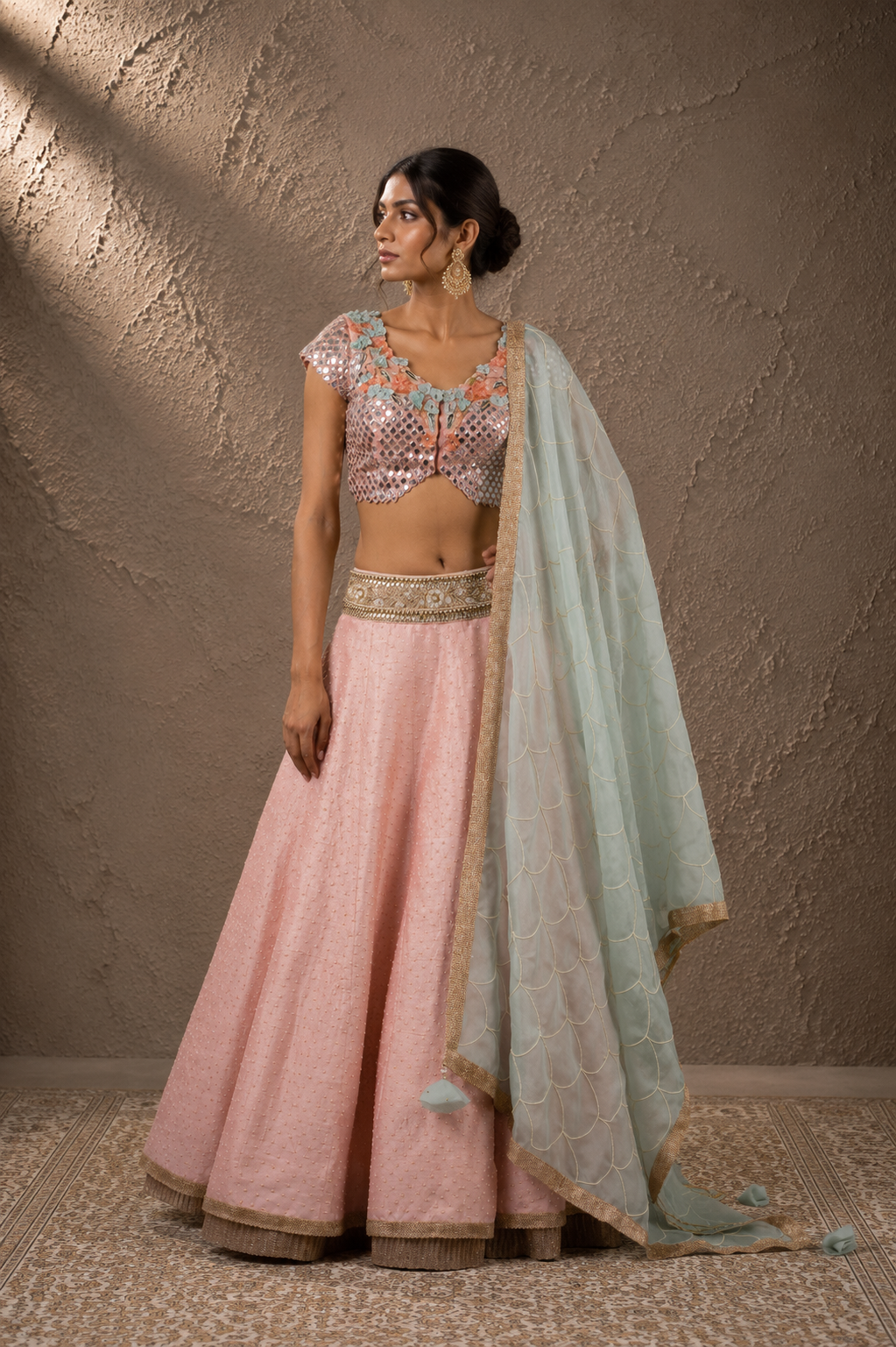 The Peach Mirror & Seafoam Scallop Lehenga Set