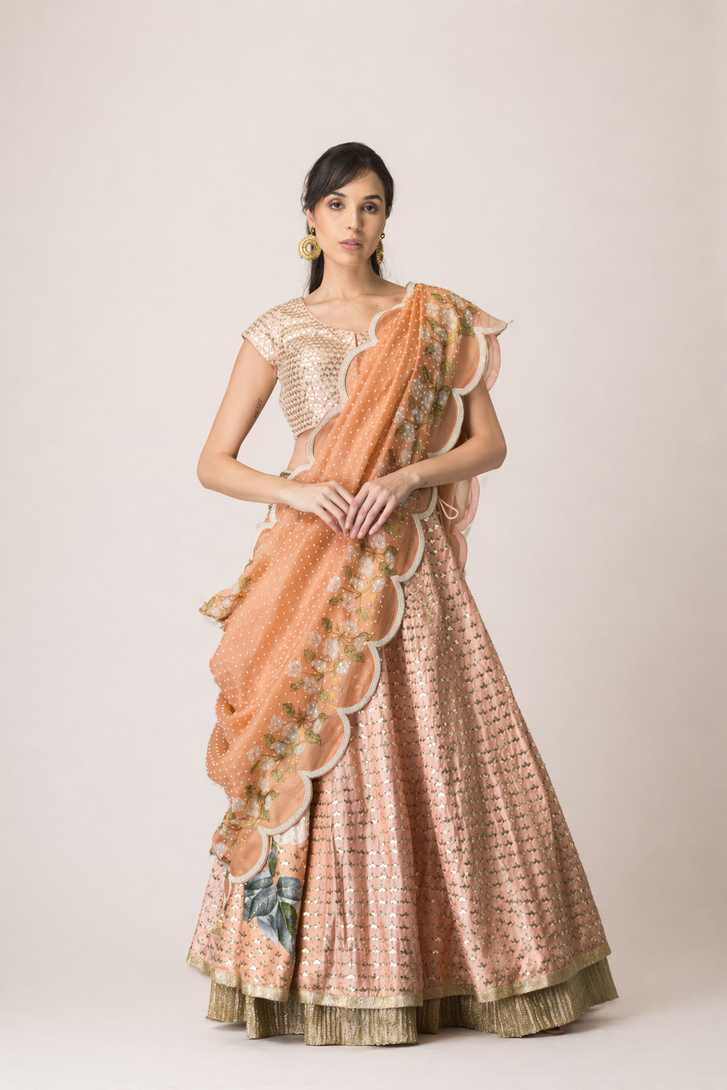 Peach Sequin & Floral Scalloped Lehenga Set