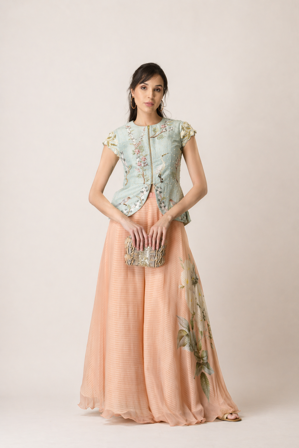 Powder Blue Peplum & Peach Floral Palazzo Set