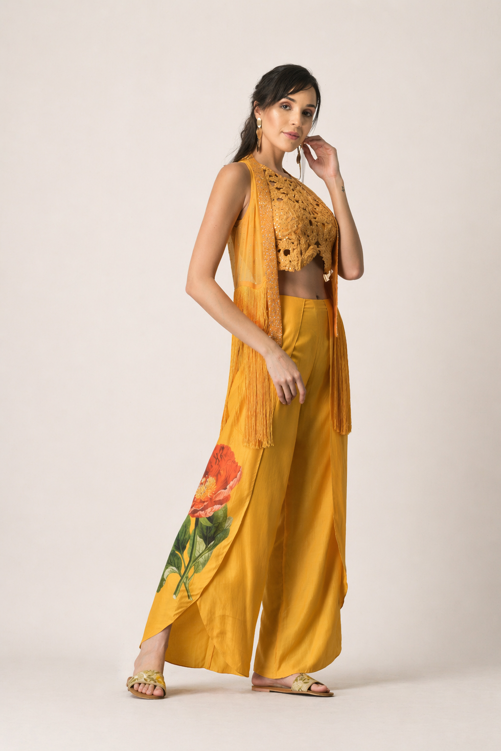 Saffron Sun Cutwork Co-ord with Fringe Shrug
