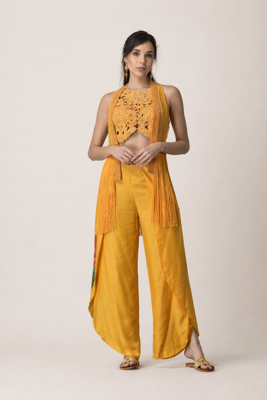 Saffron Sun Cutwork Co-ord with Fringe Shrug