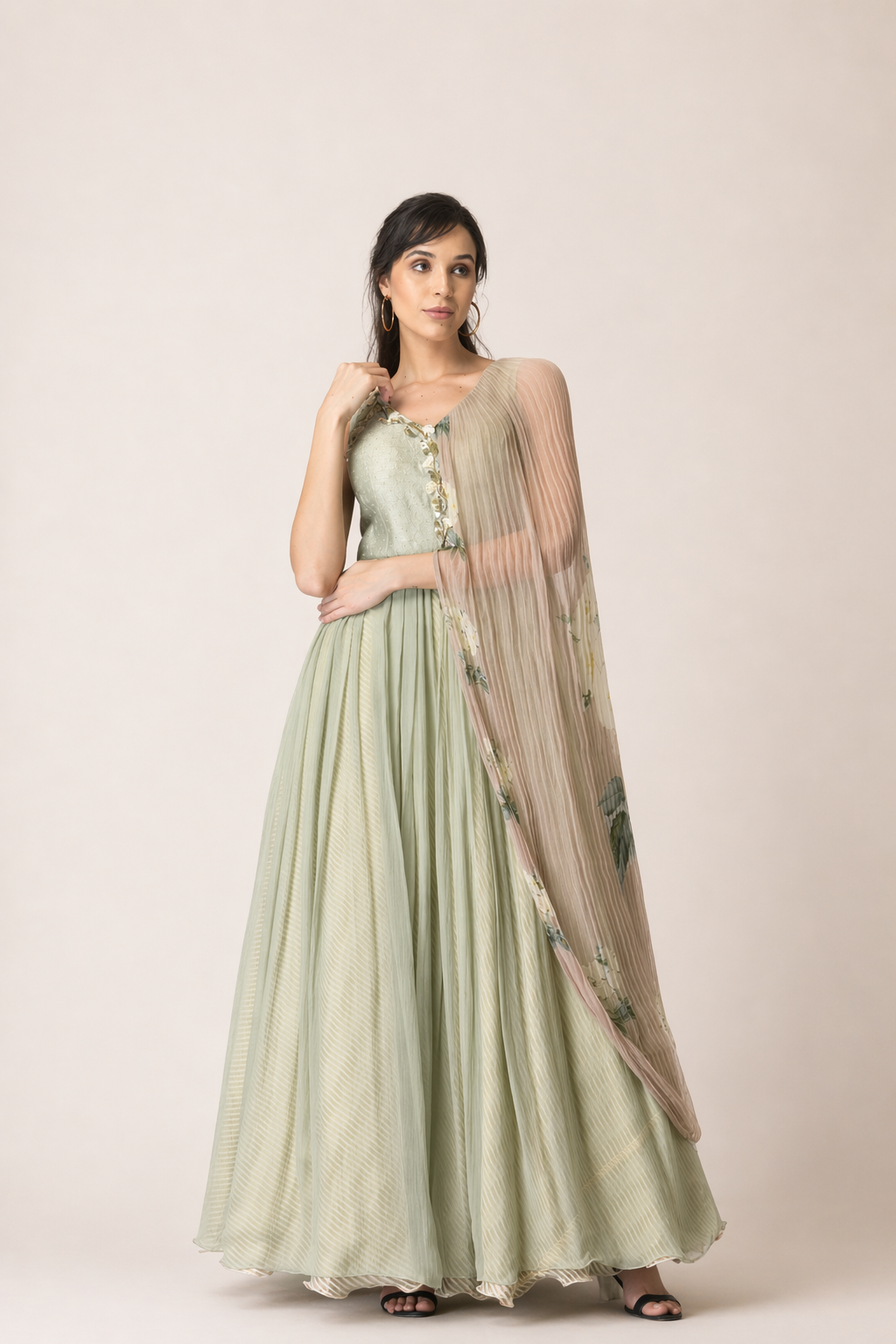 Sage Mint Pleated Anarkali Gown with Attached Floral Drape