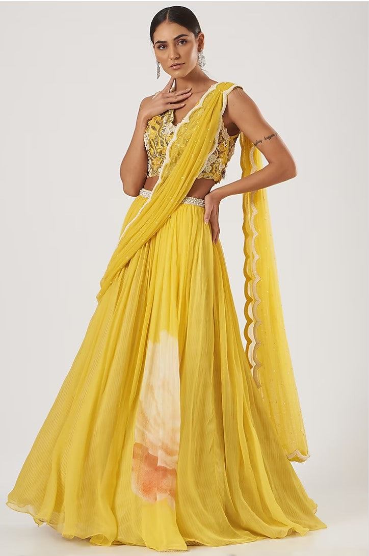 Yellow Raw Silk & Chiffon Lehenga Set