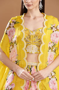 Yellow Chiffon Printed Cape Set