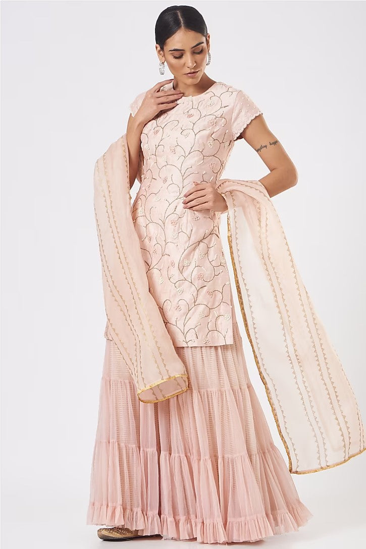 Peach Net Sharara Set