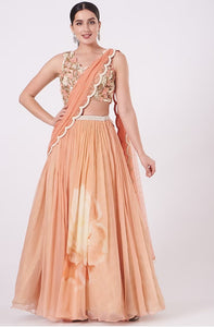 Peach Chiffon & Net Draped Saree Set