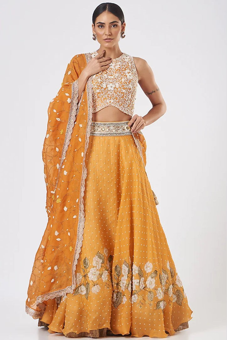 Orange Floral Printed Lehenga Set