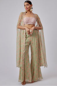 Leaf Green Chiffon Printed Cape Set