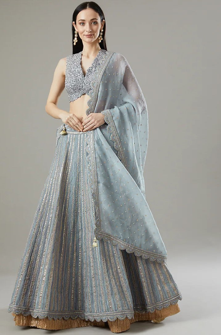 Dull Blue Organza & Raw Silk Lehenga Set