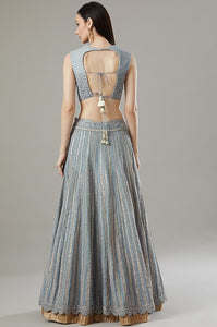 Dull Blue Organza & Raw Silk Lehenga Set