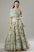 Load image into Gallery viewer, Aqua Organza &amp; Raw Silk Printed Lehenga Set
