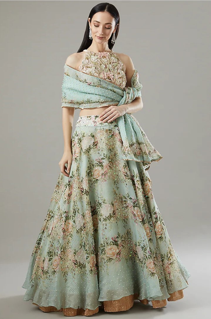 Aqua Organza & Raw Silk Printed Lehenga Set
