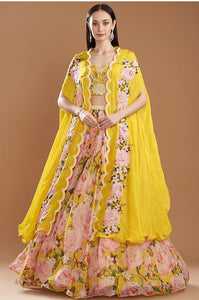 Yellow Chiffon Printed Cape Set