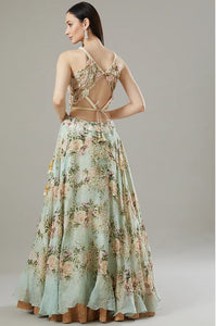 Aqua Organza & Raw Silk Printed Lehenga Set