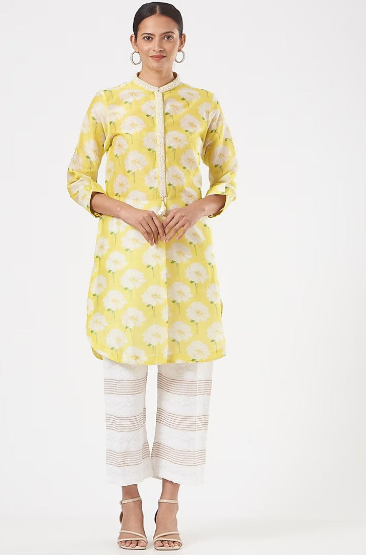 Yellow Chanderi Printed Kurta Set