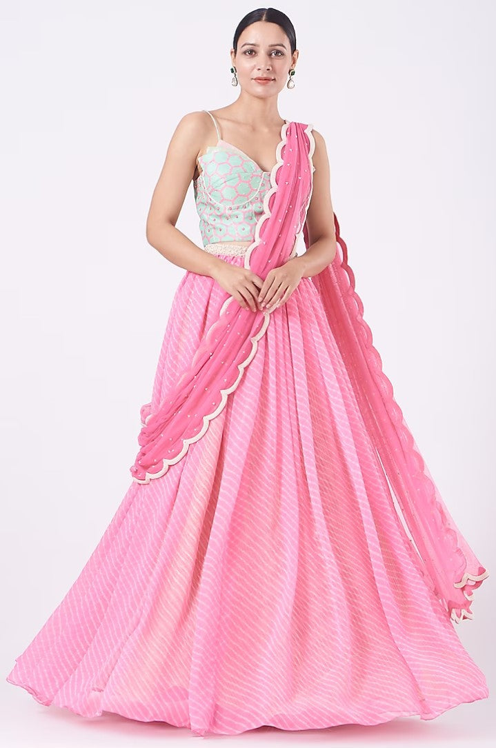 Fuchsia Raw Silk & Chiffon Draped Skirt Set