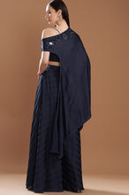 Load image into Gallery viewer, Dark Blue Silk Satin Embroidered Off-Shoulder Cape Set
