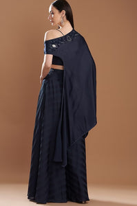 Dark Blue Silk Satin Embroidered Off-Shoulder Cape Set