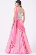 Load image into Gallery viewer, Fuchsia Raw Silk &amp; Chiffon Draped Skirt Set
