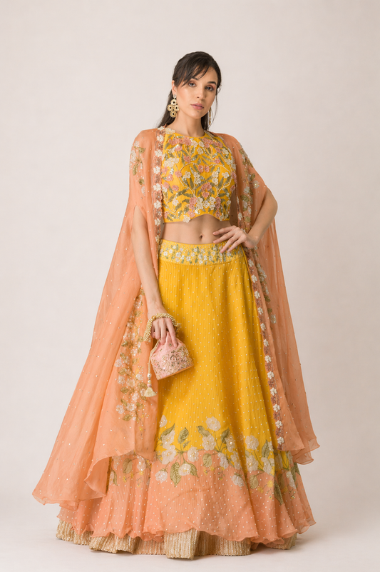 Sun-Drenched Floral Cape & Lehenga Set