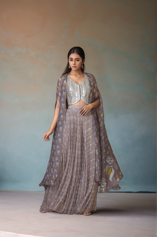 Grey Chiffon Printed Pleated Skirt Set