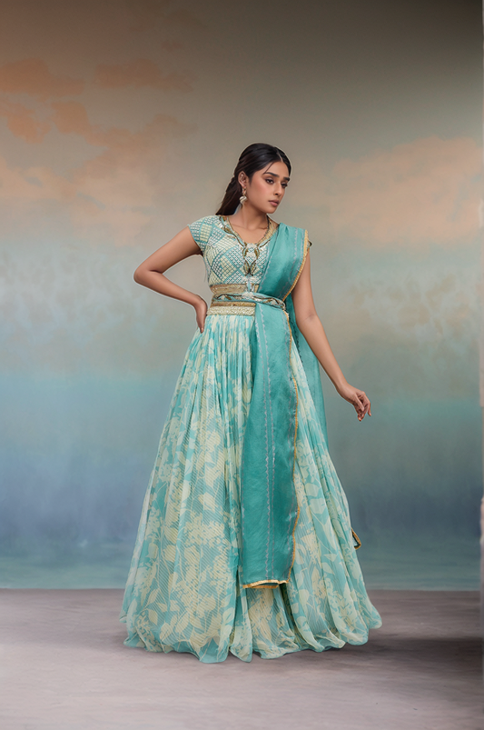 Aqua Green Chiffon Printed Lehenga Set