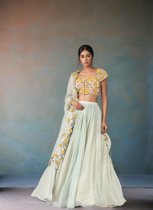 Green Floral Printed Lehenga Set