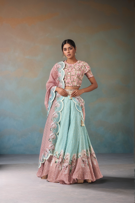 Green Raw Silk Printed Lehenga Set