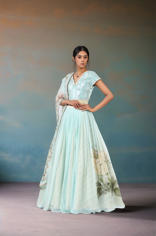 Sea Green Printed Lehenga Set