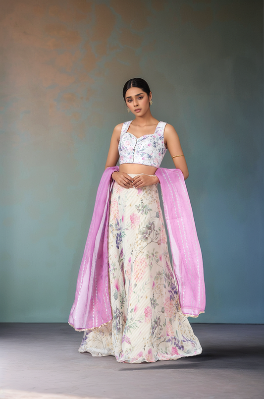 White Chiffon Printed Lehenga Set