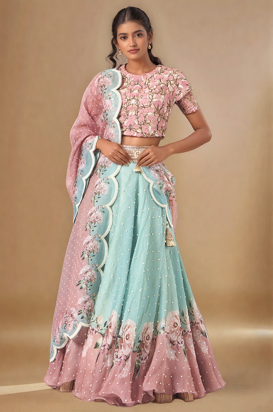 Green Raw Silk Printed Lehenga Set