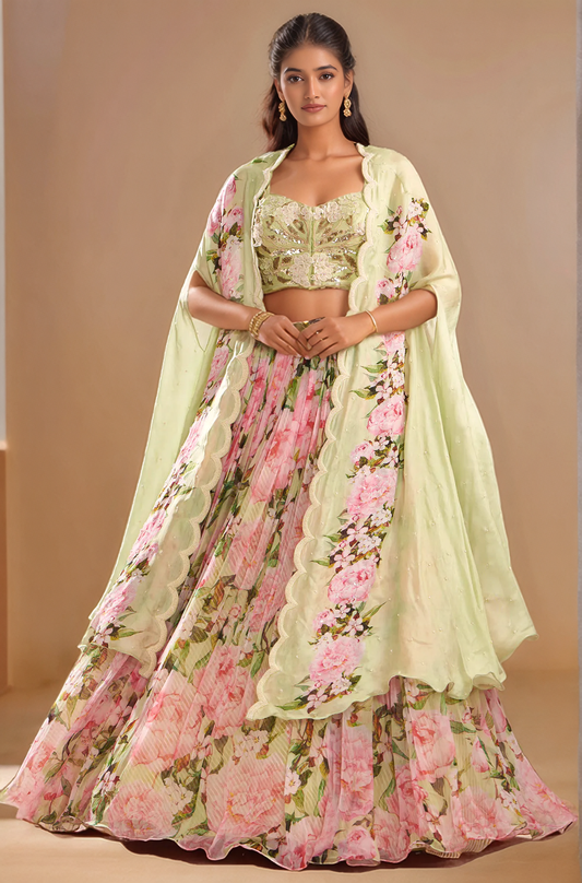 Jade Chiffon Printed Jacket Lehenga Set