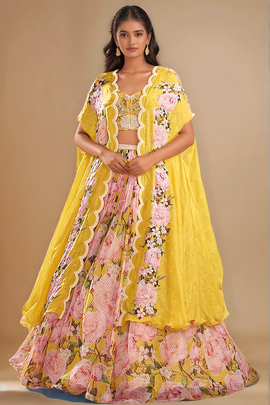 Yellow Chiffon Printed Jacket Lehenga Set