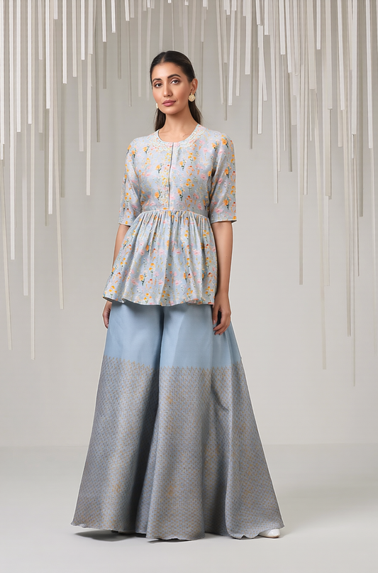 Powder Blue Floral Peplum & Brocade Palazzo Set