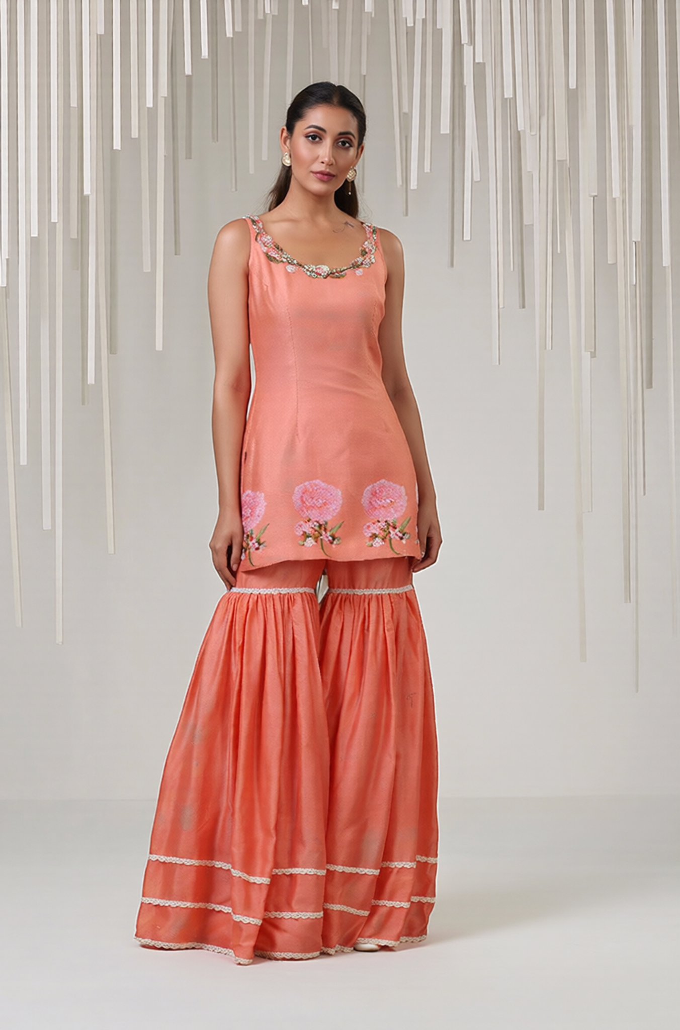 Coral Peach Floral Embroidered Kurta & Sharara Set