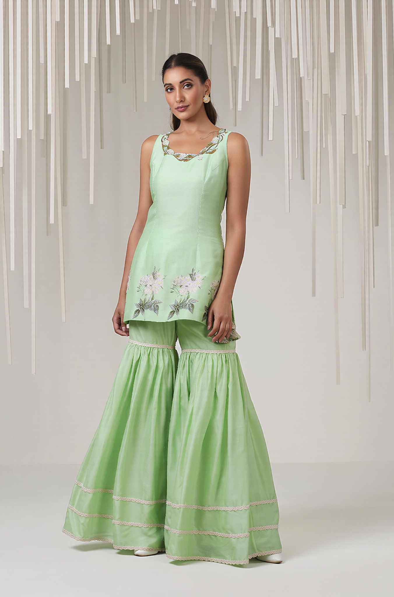 Mint Green Floral Embroidered Kurta & Sharara Set