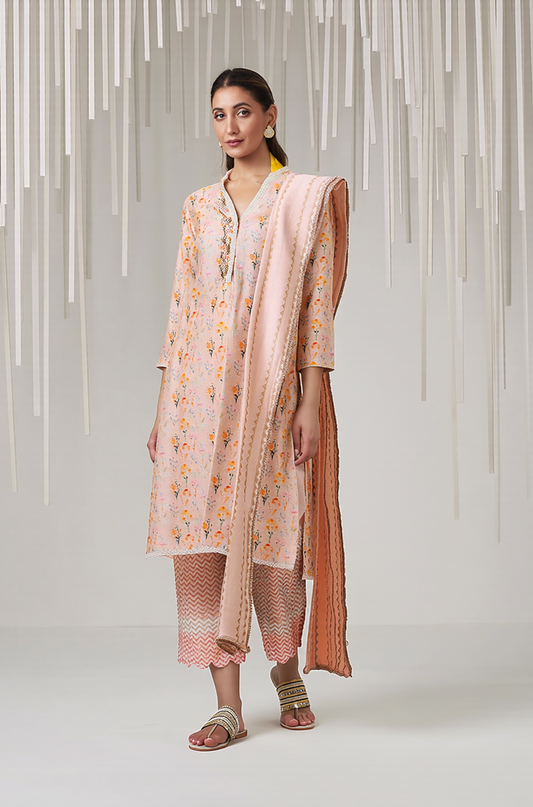 Blush Peach Floral Kurta & Chevron Pant Set with Dupatta