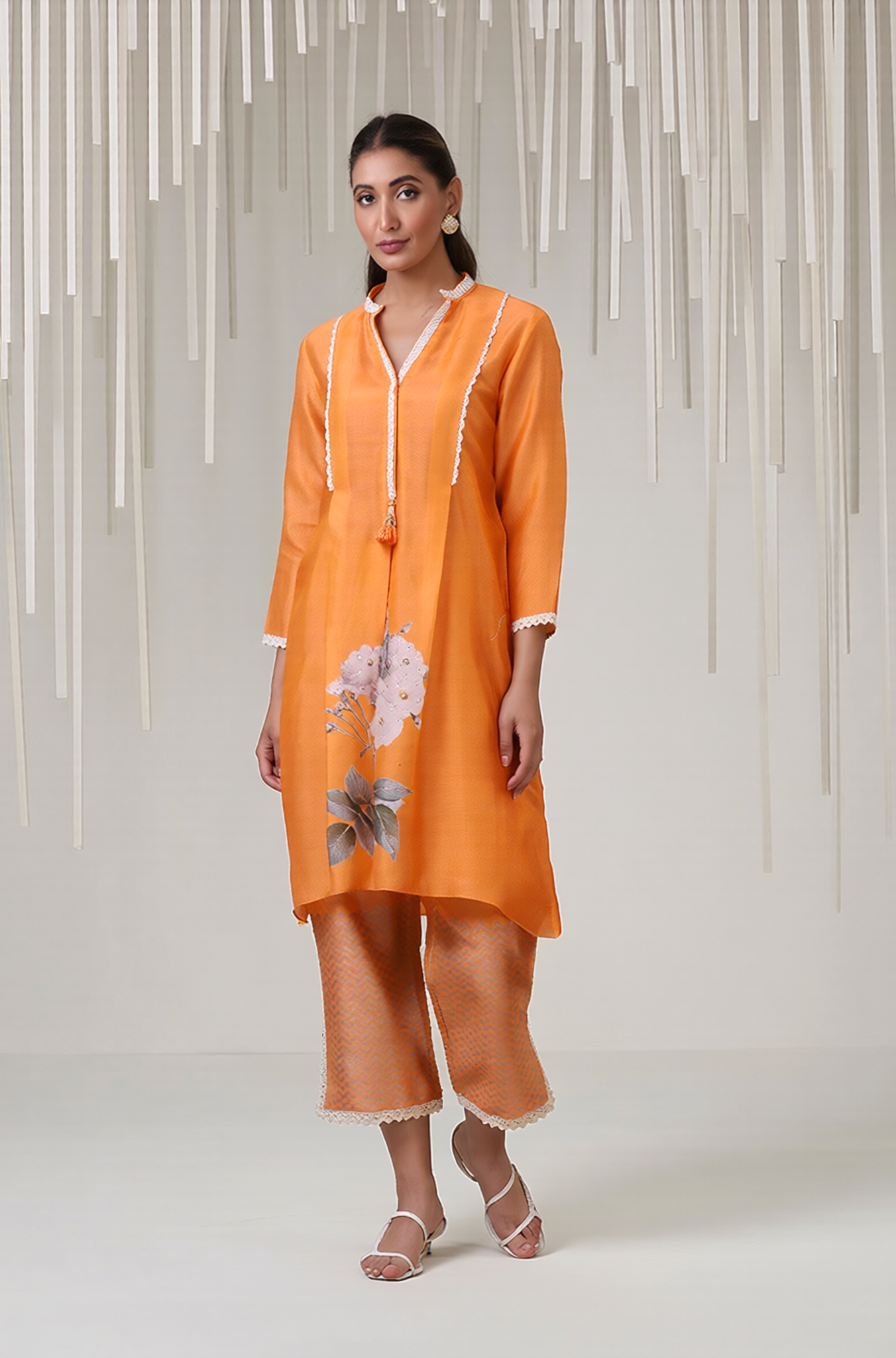 Vibrant Tangerine Floral Lace-Trimmed Tunic & Chevron Pant Set