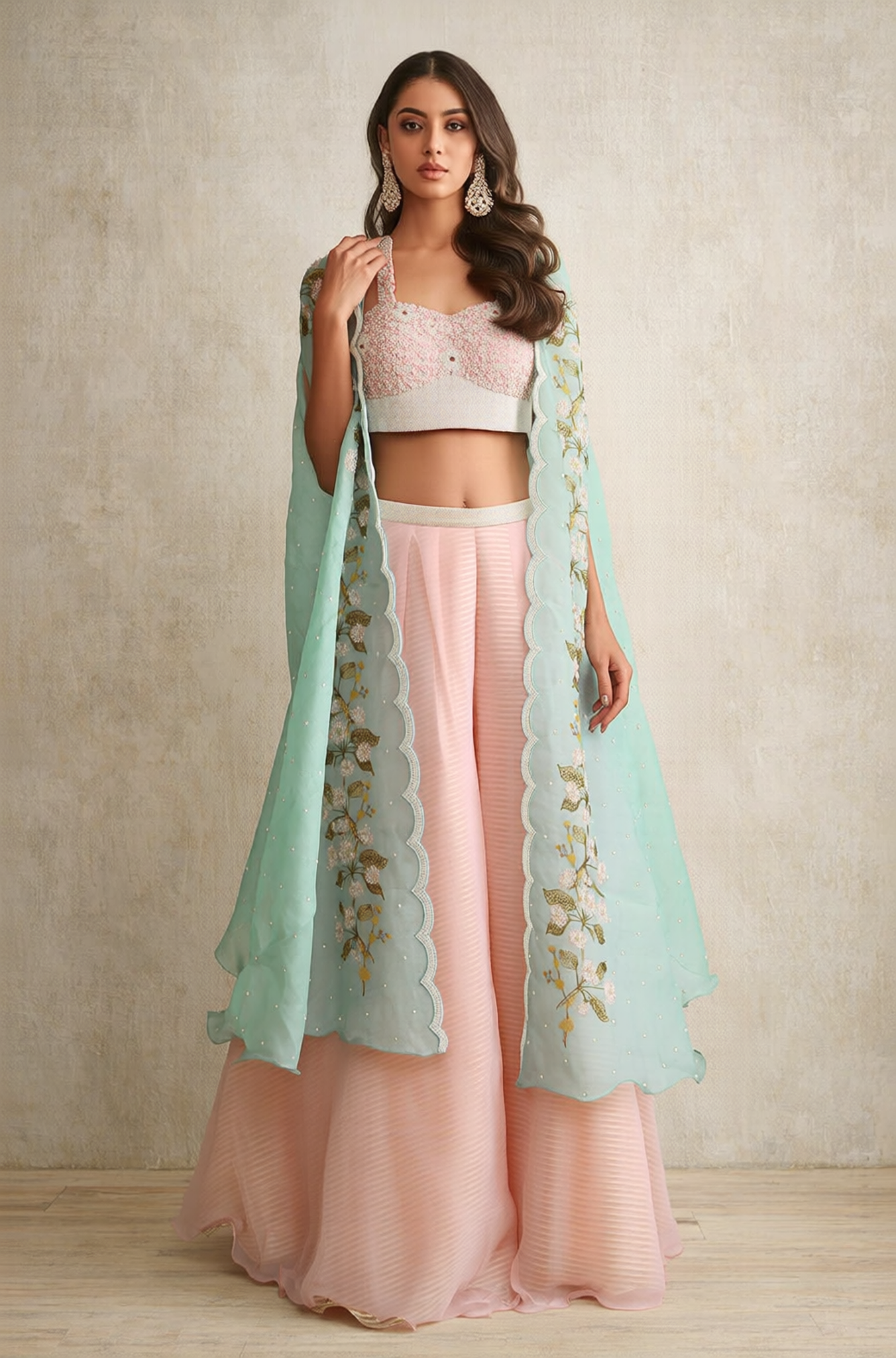 Eco Green Organza Digital Printed Cape Set