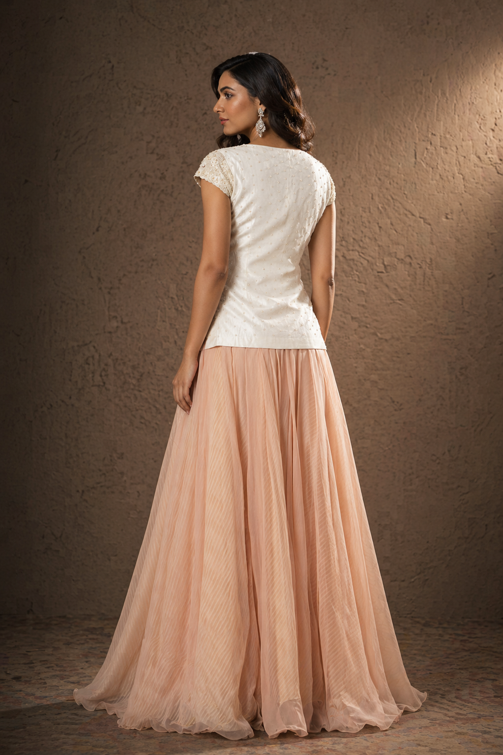 The Ivory Lace & Peach Leheriya Lehenga