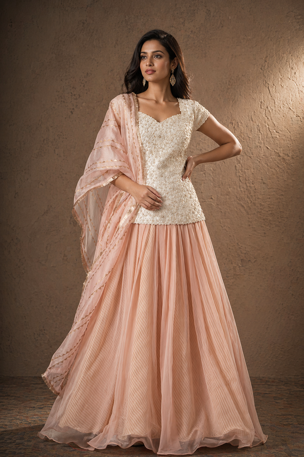 The Ivory Lace & Peach Leheriya Lehenga