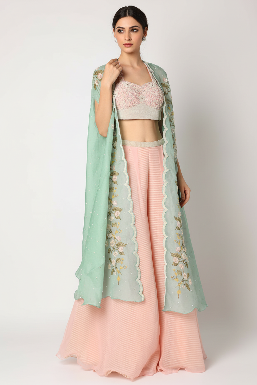Eco Green Organza Digital Printed Cape Set