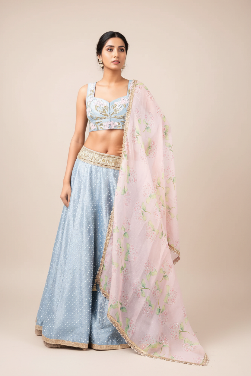 3D FLOWER INCUT BLOUSE AND PEARL WORK RAW SILK LEHENGA
