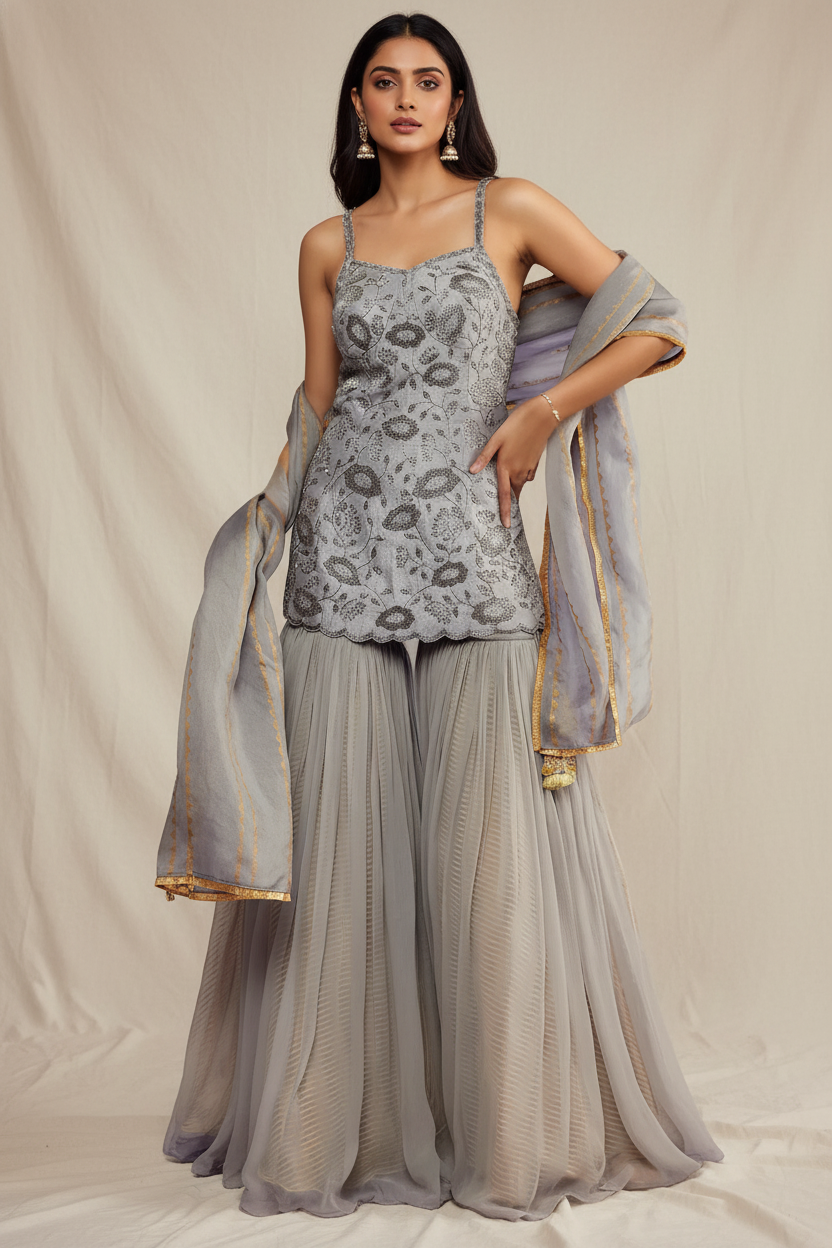 Grey Raw Silk & Chiffon Gharara Set