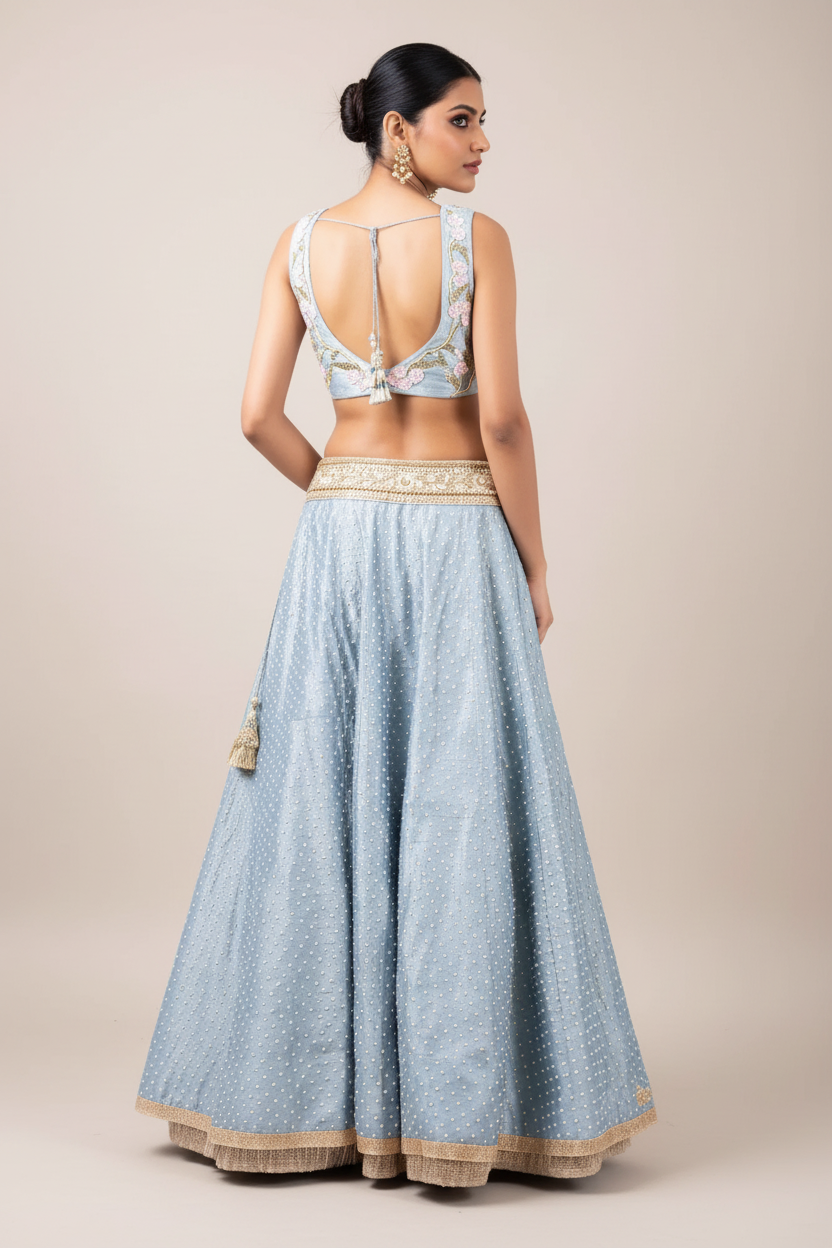 3D FLOWER INCUT BLOUSE AND PEARL WORK RAW SILK LEHENGA