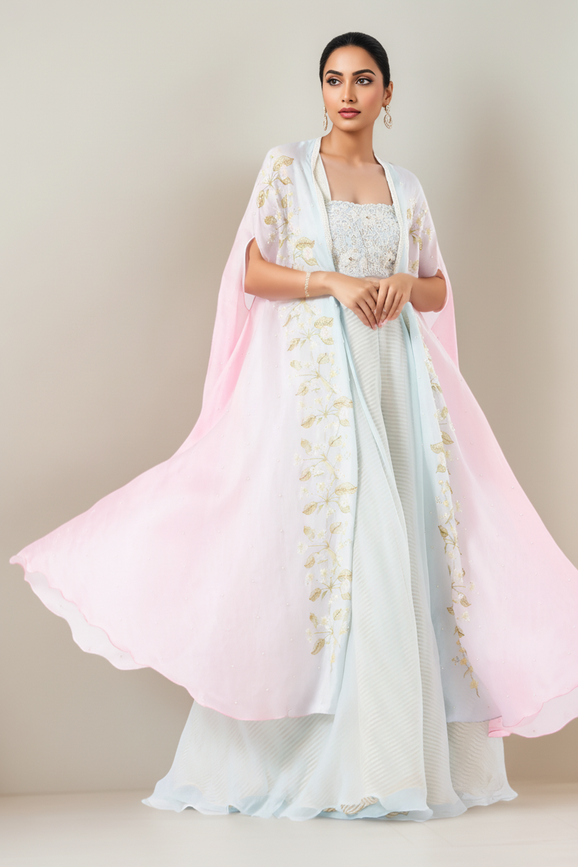 Pale Blue Organza Cape Set