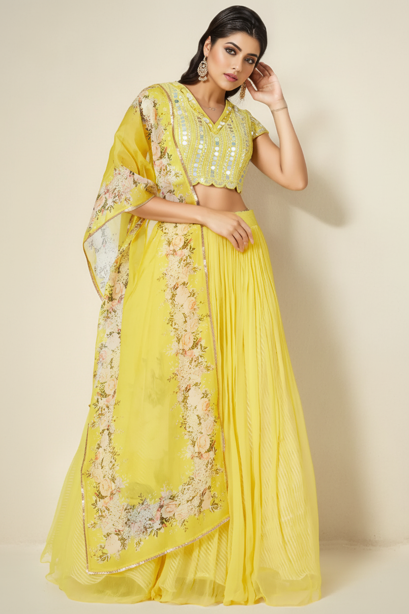 Yellow Lehenga Set With Printed Dupatta
