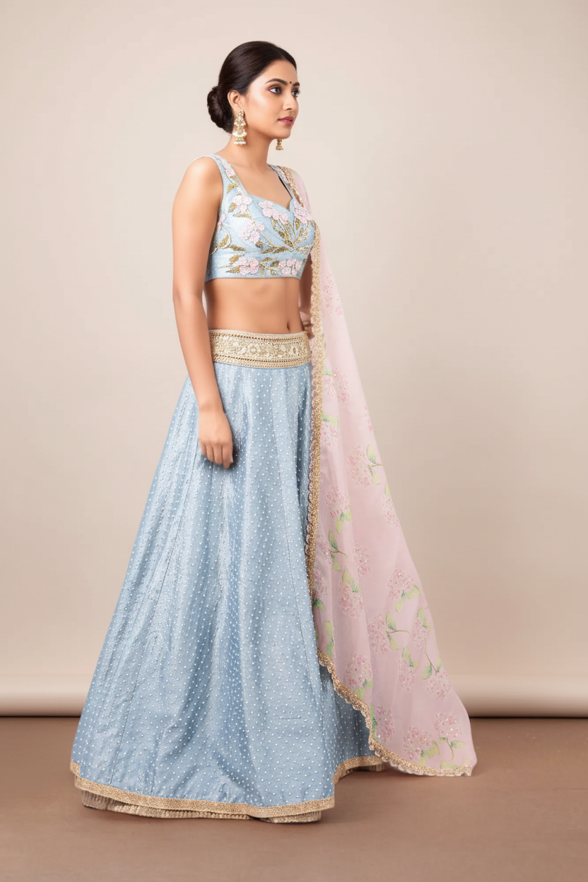 3D FLOWER INCUT BLOUSE AND PEARL WORK RAW SILK LEHENGA