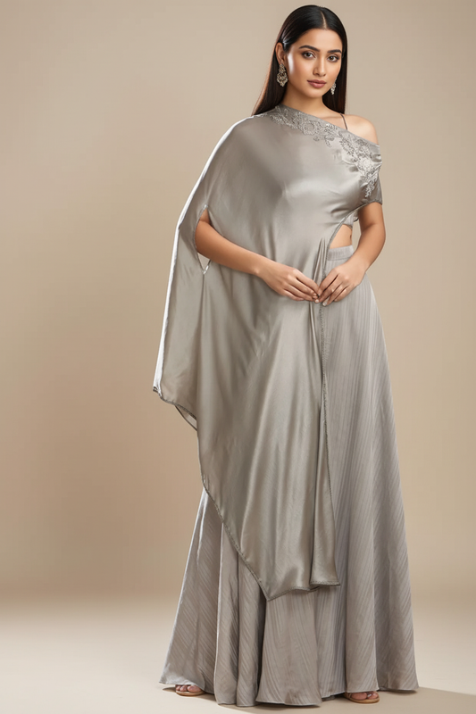 Grey Silk Satin Embroidered Off-Shoulder Cape Set